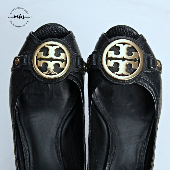 Tory Burch Letitia Leather Peep Toe Wedge Black Gold Women 6.5 - Picture 12 of 13